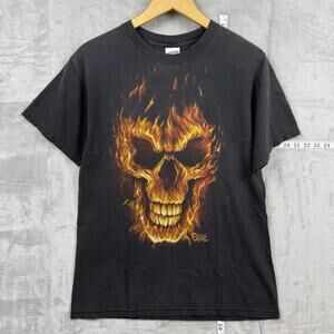 Vintage Tennessee River Flame Skull Graphic T-Shirt Black Size L Faded Y2K Biker